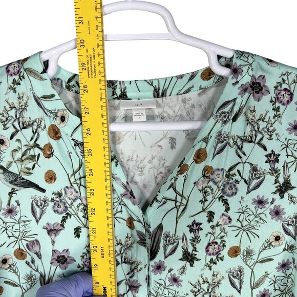 J Jill Womens L Seafoam Botanical Bird Floral Print Top 3/4 Sleeve Blouse Silky - Picture 11 of 16